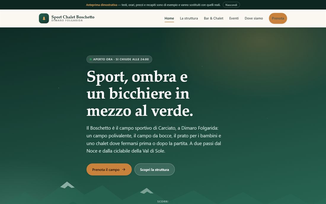 Home page del sito Sport Chalet Boschetto con i campi sportivi e il bar.