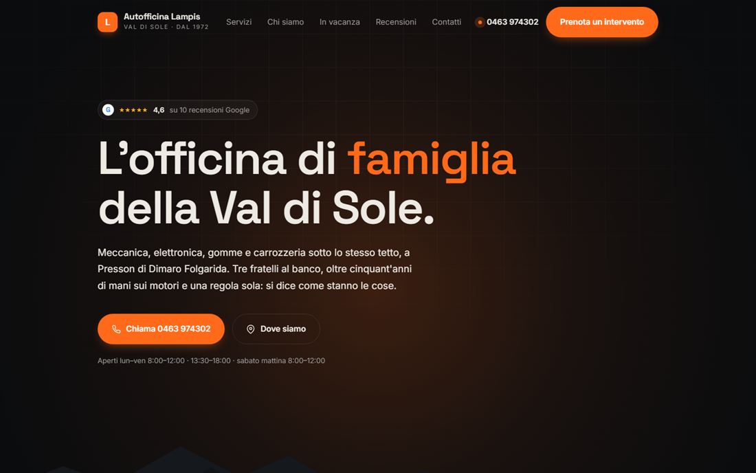 Home page scura della landing per Autofficina Lampis con il titolo L'officina di famiglia della Val di Sole.
